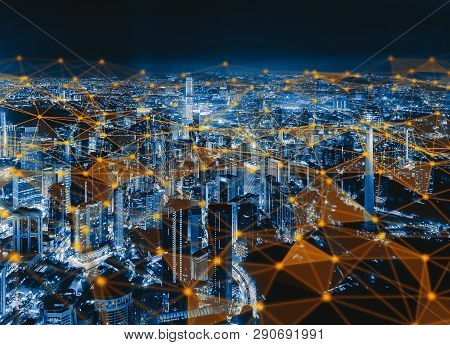 Digital Network Connection Lines Of Kuala Lumpur Downtown, Malaysia. Financial District And Business