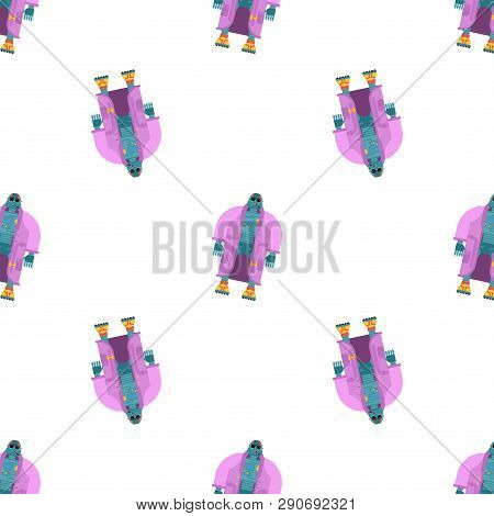 Robot In Coat Pattern Seamless. Cyborg Topcoat Background. Fashion Robot Vector Illustration