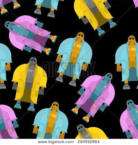 Robot In Coat Pattern Seamless. Cyborg Topcoat Background. Fashion Robot Vector Illustration