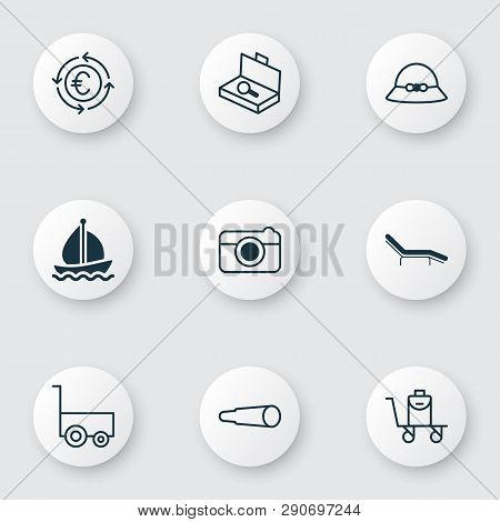 Tourism Icons Set With Summer Hat, Bag On Cart, Binocular And Other Magnifying Glasses Elements. Iso