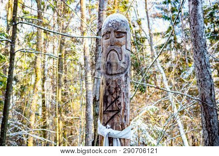 Kaluga Region, Russia - November 2017: Slavic Pagan Idols On The Forest Temple. Perun
