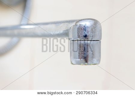 Dirty Faucet Aerator With Limescale, Calcified Shower Water Tap With Lime Scale In Bathroom, Close U