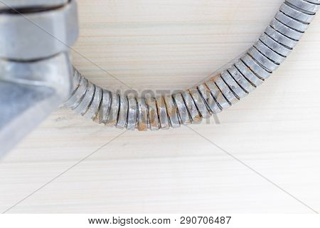 Detail Of Dirty Calcified Shower Mixer Tap And Shower Hose, Faucet With Limescale Or Lime Scale On I