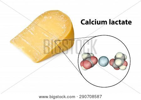 Calcium Lactate Crystals On Cheese Surface, Photo And 3d Illustration With Close-up View Of Ca Lacta