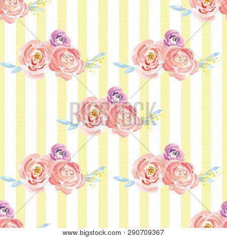 Hand-painted Watercolor Floral Rose Pattern. Illustration Of Decorative Floral Design For Wedding In
