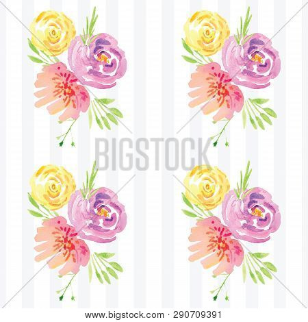 Hand-painted Watercolor Floral Rose Pattern. Illustration Of Decorative Floral Design For Wedding In