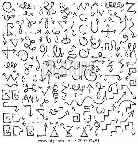 A Large Collection Of Various Arrows, Direction Or Motion Indicators, Cursors Drawn With A Black Coa