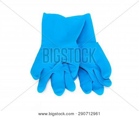 Blue Rubber Gloves For Cleaning On White Background, Workhouse Concept