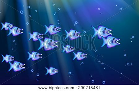 Wild Predators Blue Background Flock Of Small Fish. Cartoon Funny Cant Marine Life Optimized From Ba
