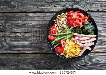 Hiyashi Chuka, Cold Ramen - Chilled Chinese-style Egg Noodles, With Sweet Vinegar Sauce And Topped W