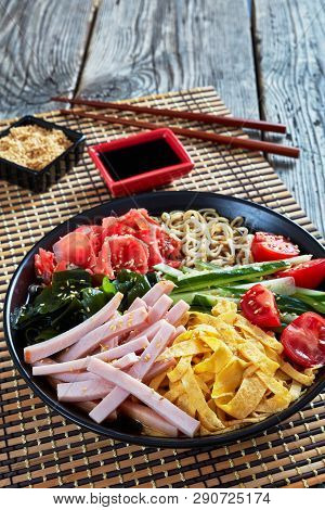 Hiyashi Chuka, Cold Ramen - Chilled Egg Noodles,  Topped With Vegetables, Seaweeds, Pickled Red Ging