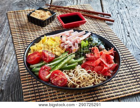 Hiyashi Chuka, Cold Ramen - Chilled Egg Noodles,  Topped With Vegetables, Seaweeds, Pickled Red Ging