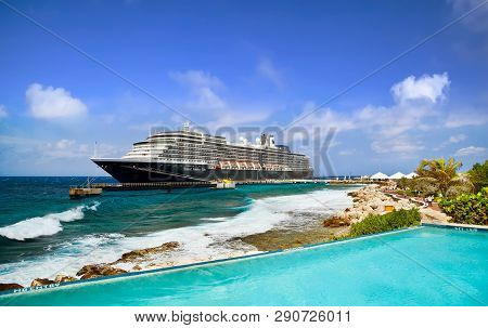 Willemstad, Curacao - April 05, 2018: View From Infinity Pool On Cruise Ship Zuiderdam, Holland Amer