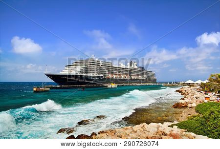 Willemstad, Curacao - April 05, 2018:  Cruise Ship  Zuiderdam, Holland America Line, Docked At Port 