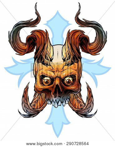 Detailed Graphic Realistic Horrible Colorful Black And White Human Skull With Big Sharp Deamon Horns