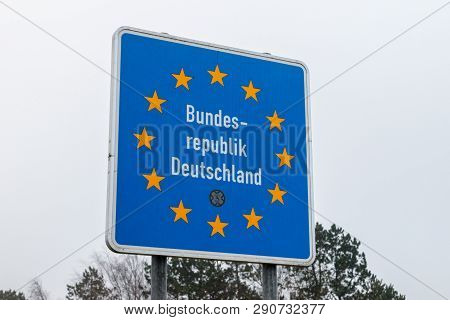 Handewitt, Germany - February 14, 2019: Federal Republic Of Germany Border Sign At Handewitt.