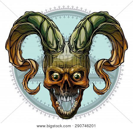 Detailed Graphic Realistic Horrible Colorful Black And White Human Skull With Big Sharp Deamon Horns