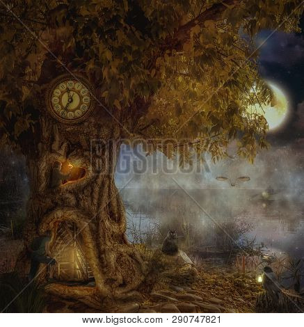 Fabulous Lakeside Tree (illustration Of A Fictional Situation, In The Form Collage Of Photos)