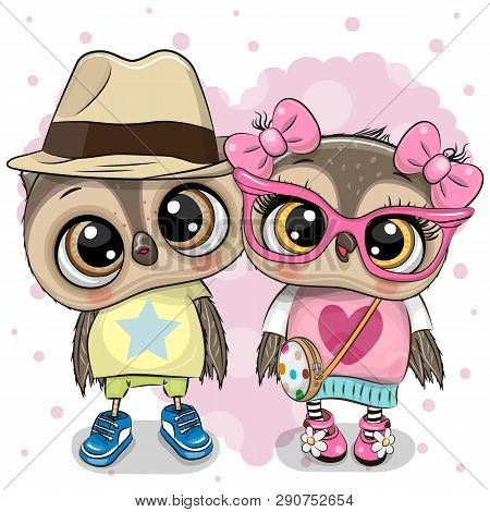 Two Cute Cartoon Owls On A Heart Background