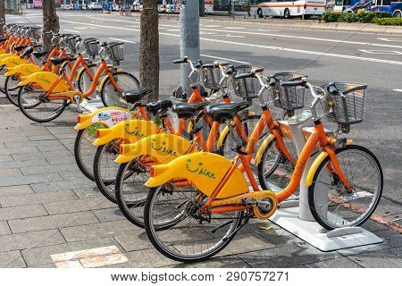 Taipei, Taiwan - Feb 19, 2019 : Ubike ( Youbike ) Station. Ubike Is A Popular Network Of Rental Bicy