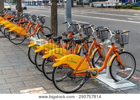 Taipei, Taiwan - Feb 19, 2019 : Ubike ( Youbike ) Station. Ubike Is A Popular Network Of Rental Bicy