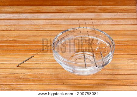 Acupuncture Needles. Silver Needles For Traditional Chinese Medicine Acupuncture. Close-up. There Is