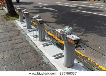 Taipei, Taiwan - Feb 19, 2019 : Ubike ( Youbike ) Station. Ubike Is A Popular Network Of Rental Bicy