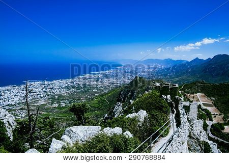 Landscape. View From The Top Of The Mountain To The Coastline Of North Cyprus And The Wall Of The Ca