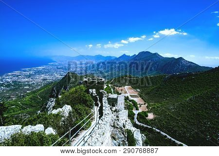 Landscape. View From The Top Of The Mountain To The Coastline Of North Cyprus And The Wall Of The Ca