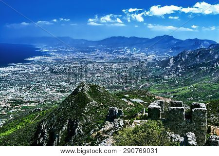 Landscape. View From The Top Of The Mountain To The Coastline Of North Cyprus And The Wall Of The Ca