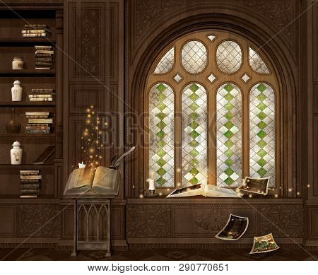 Old Wizard Room With Reading Desk - 3d Illustration