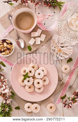 Canestrelli Biscuits With Cappuccino On Wooden Table.