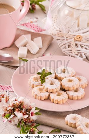 Canestrelli Biscuits With Cappuccino On Wooden Table.