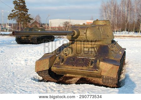 Snegiri Settlement, Istra District, Moscow Region, Russia March 17, 2019. Medium Tank T 34-85 In The