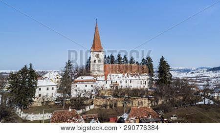 Aerial View Of Cincu Medieval Church. Brasov County.  Transylvania, Romania