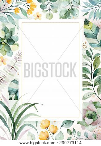 Watercolor Green Illustration.pre-made Greeting Card With Succulent Plants,palm Leaves,flowers,branc
