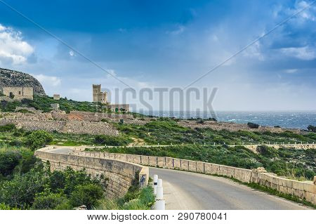 Malta: Scenic Road To Ghar Lapsi Tower With Hilly Landscape And Sea