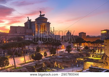 Ancient Ruins Of Trajan Forum And Altar Of The Fatherland At Sunsrise In Rome, Italy.