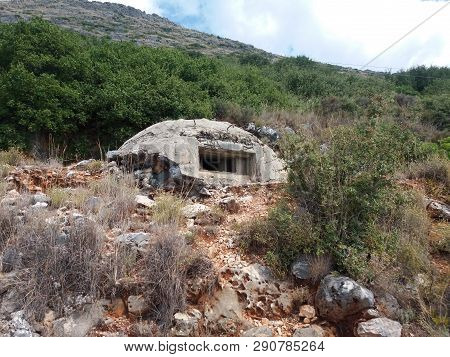 Albania Mountains And Rocks View. Sky And Mountaion  Bunker Sunny Day.