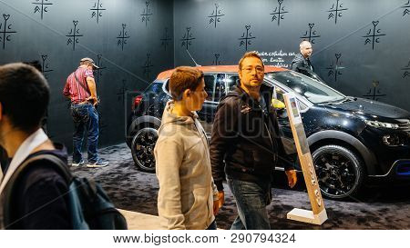Paris, France - Oct 4, 2018: Customers And Curious People Admiring The New Citroen C3 Fashion Car Li