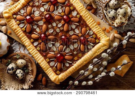Mazurek Pastry, Traditional Polish Easter Cake Made Of Shortcrust Pastry,  Fudge Caramel Cream, Cand