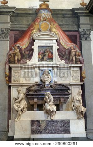 FLORENCE, ITALY - JANUARY 10, 2019: Tomb of Galileo Galilei (1564 â 1642) by Giulio Foggini, Basilica of Santa Croce (Basilica of the Holy Cross) in Florence, Italy.