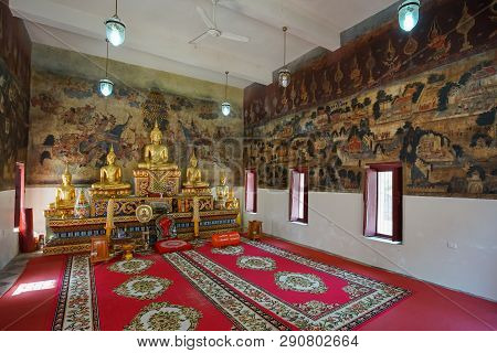 Uthai Thani, Thailand - January 12, 2019: The Famous Beautiful Buddhism Wall Murals In Wat Ubosathar