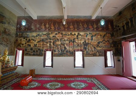 Uthai Thani, Thailand - January 12, 2019: The Famous Beautiful Buddhism Wall Murals In Wat Ubosathar