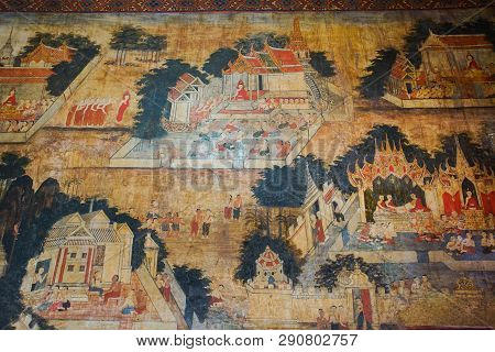Uthai Thani, Thailand - January 12, 2019: The Famous Beautiful Buddhism Wall Murals In Wat Ubosathar