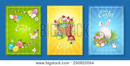 Happy Easter. Set Of Three Backgrounds Template With Bright Colorful Decorated Eggs, Chocolate Bunny