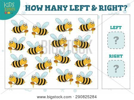 How Many Left And Right Cartoon Bees Kids Counting Game Vector Illustration. Development Activity Fo