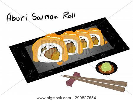 Japanese Food Style, Sushi Salmon Roll Topped With Salmon Eggs On Black Plate Isolated On White Back