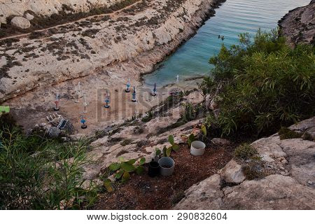 Lampedusa, Italy - July, 30: View Of Cala Greca At Sunset In The Summer Season On July 30, 2018