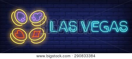 Las Vegas Neon Text With Playing Card Suit Symbols On Gold Coins. Gambling And Poker Club Design. Ni